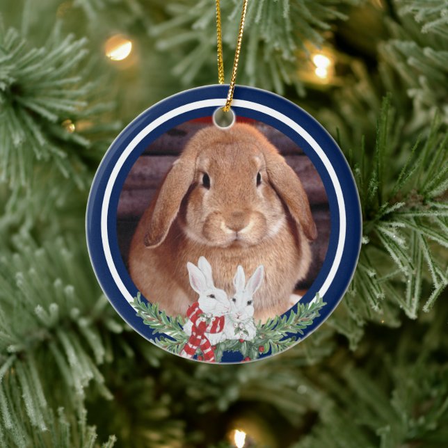 Custom Christmas Pet Bunny Rabbit Photo Year Name Ceramic Ornament (Tree)