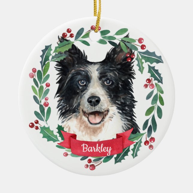 Custom Christmas Pet Dog Photo Border Collie  Ceramic Ornament (Front)