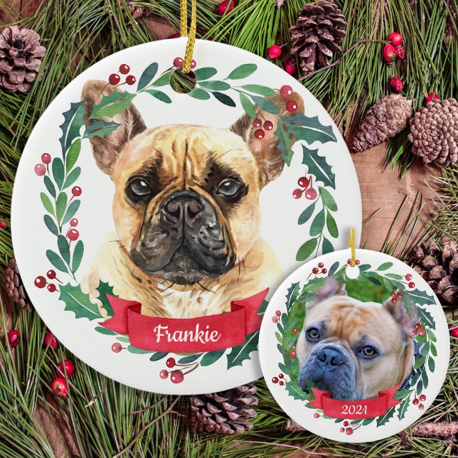 Custom Christmas Pet Dog Photo French Bulldog Ceramic Ornament (Creator Uploaded)
