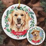 Custom Christmas Pet Dog Photo Golden Retriever    Ceramic Ornament<br><div class="desc">Decorate your tree or give a special gift this holiday season with this elegant Merry Christmas golden retriever in a wreath design christmas ornament, and matching decor. This golden retriever christmas ornament features a watercolor dog in a green and red wreath with holly and berries on one side, and your...</div>