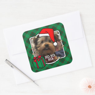Custom Christmas Pet Photo Frame Red & Green Plaid Square Sticker