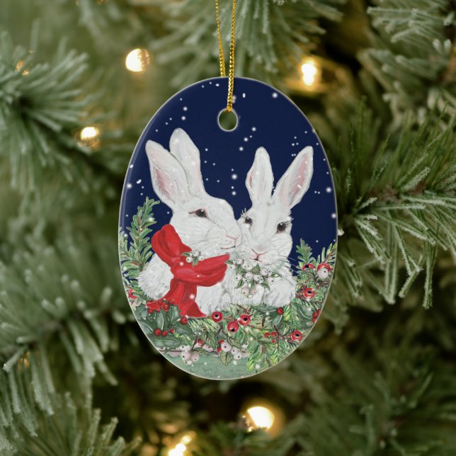 Custom Christmas Pet Rabbit Bunny Photo Year Name Ceramic Ornament (Tree)