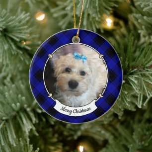 Custom Christmas Photo Blue & Black Plaid Pet Ceramic Ornament