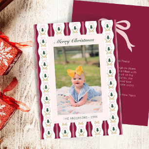 Custom Christmas Photo Card Burgundy Stripes Bows