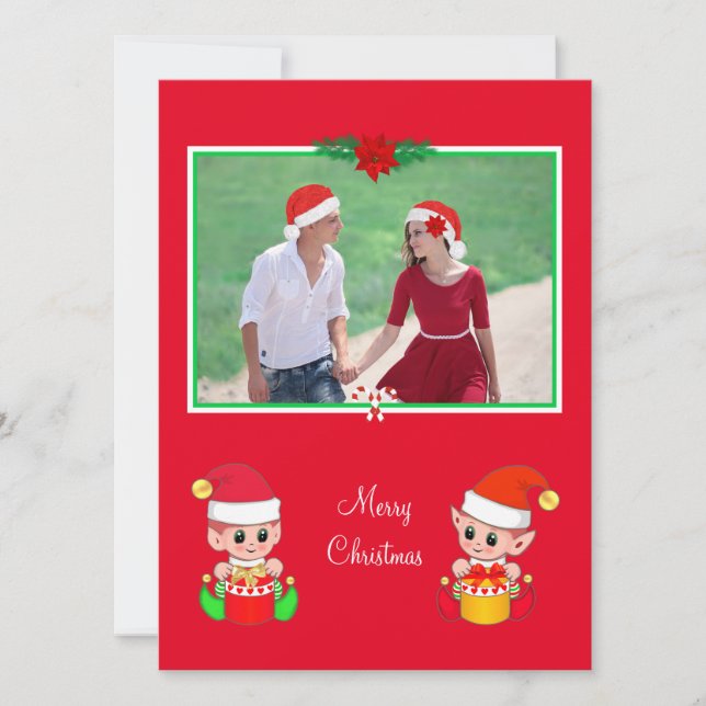 Custom Christmas Photo & Cute Elf on Red (Front)