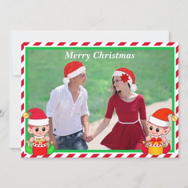Custom Christmas Photo & Cute Elf on Red and White (Front)