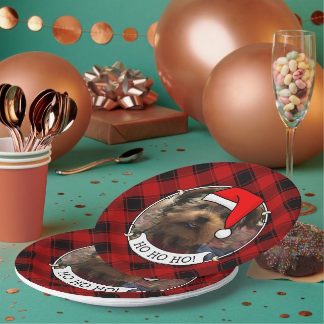Custom Christmas Photo Frame Red and Black Plaid Paper Plate (Multi)