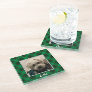 Custom Christmas Photo Frame Red and Green Plaid Glass Coaster