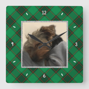Custom Christmas Photo Frame Red and Green Plaid Square Wall Clock