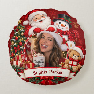Custom Christmas Photo Name Santa Snowman Round Cushion