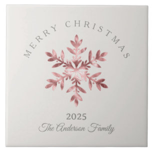 Custom Christmas pink rose snowflake metallic Ceramic Tile