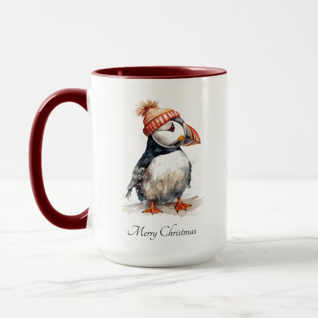 Custom Christmas Puffin Orange Pompom Hat Mug (Left)