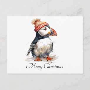 Custom Christmas Puffin Orange Pompom Hat Postcard