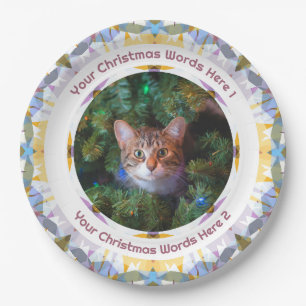 Custom Christmas Purple Yellow Family Photo Party Paper Plate