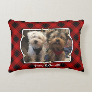 Custom Christmas Red and Black Plaid 2 Photo Frame Decorative Cushion