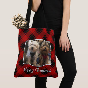 Custom Christmas Red and Black Plaid 2 Photo Frame Tote Bag