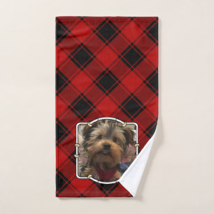 Custom Christmas Red and Black Plaid 3 Photo Frame Bath Towel Set