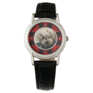 Custom Christmas Red and Black Plaid Photo Frame Watch