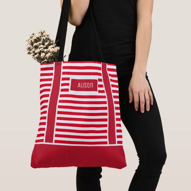 Custom Christmas Red And White Stripes Candy Cane Tote Bag (Close Up)