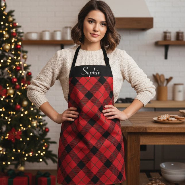 Custom Christmas Red, Black and Green Plaid  Apron (Custom Christmas Red, Black and Green Plaid Apron - Just add your name or special text!)