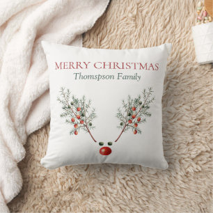 Custom Christmas Red Nosed Deer Pine Berries  Cushion