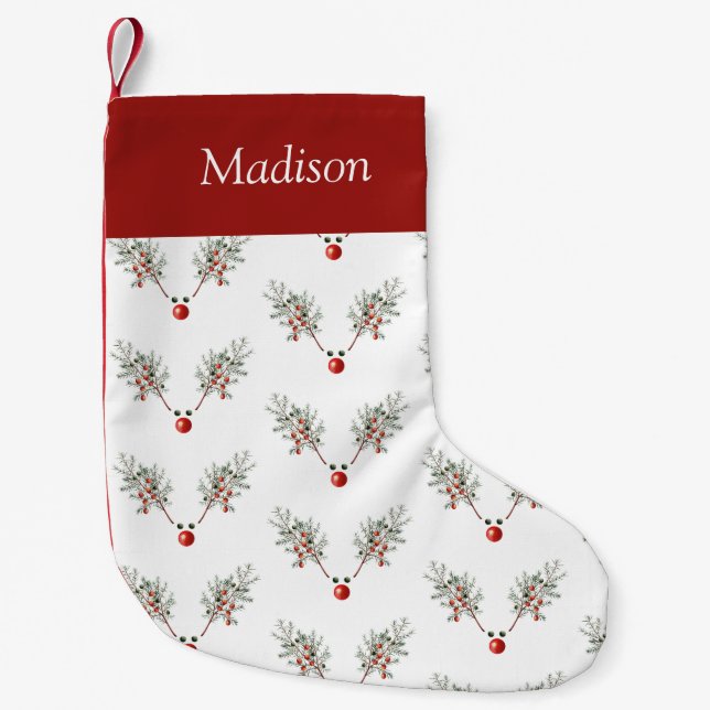Custom Christmas Red Nosed Reindeer Pine Berries Small Christmas Stocking (Front)