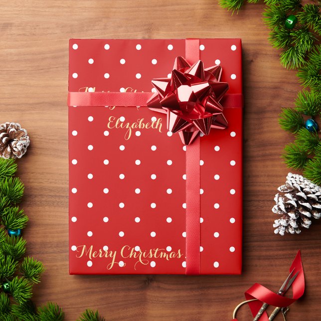 Custom Christmas Red Polka Dot Faux Gold Script Wrapping Paper (Custom Christmas Red Polka Dot Faux Gold Script Wrapping Paper)
