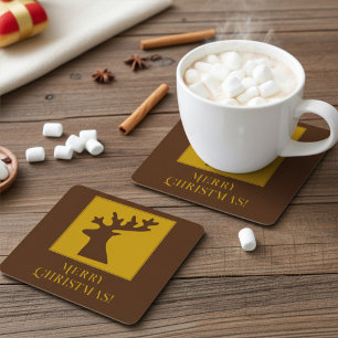 Custom Christmas Reindeer Cheer in Bronze Gold Square Paper Coaster