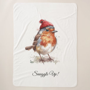 Custom Christmas Robin Watercolor Bird Red Beanie Sherpa Blanket