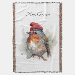 Custom Christmas Robin Watercolor Bird Red Beanie Throw Blanket