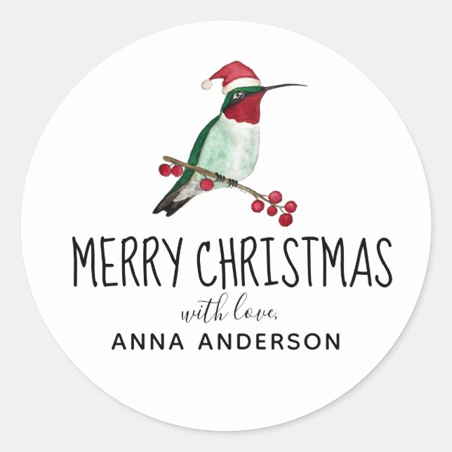 Custom Christmas Ruby-throated Hummingbird  Classic Round Sticker (Front)