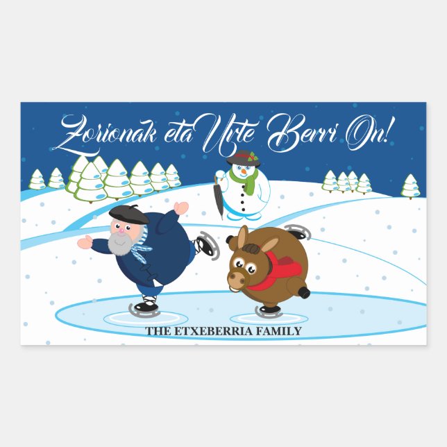 Custom Christmas scene, Olentzero ice skating, Rectangular Sticker (Front)
