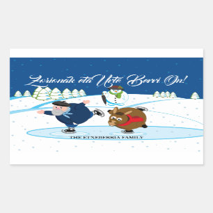 Custom Christmas scene, Olentzero ice skating, Rectangular Sticker