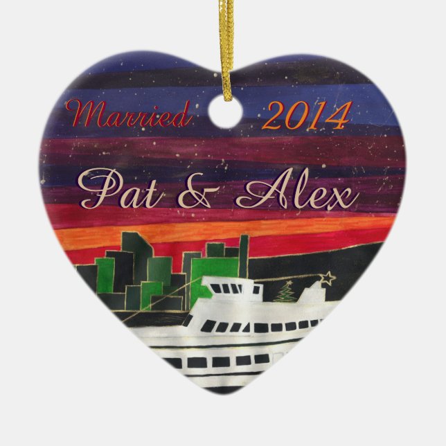 Custom Christmas Ship - first married Christmas Ceramic Tree Decoration (Front)