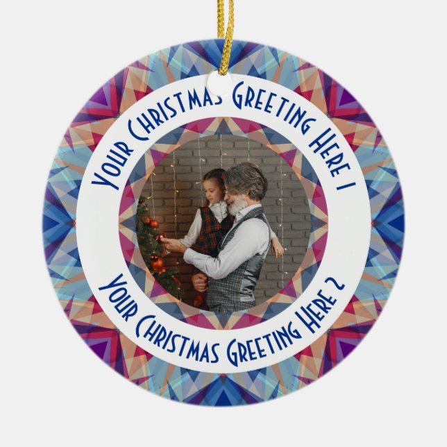 Custom Christmas Star Jolly Blue Photo Greeting Ceramic Ornament (Front)