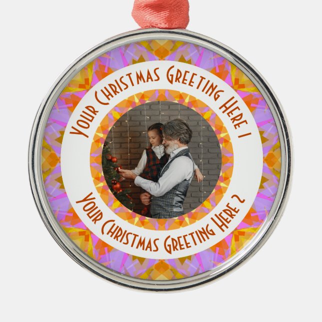 Custom Christmas Star Jolly Pink Photo Greeting Metal Ornament (Front)