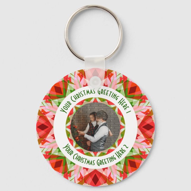 Custom Christmas Star Jolly Red Fun Photo Greeting Key Ring (Front)