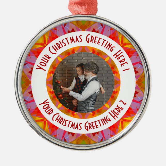 Custom Christmas Star Jolly Red Fun Photo Greeting Metal Ornament (Front)