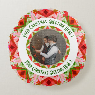 Custom Christmas Star Jolly Red Fun Photo Greeting Round Cushion