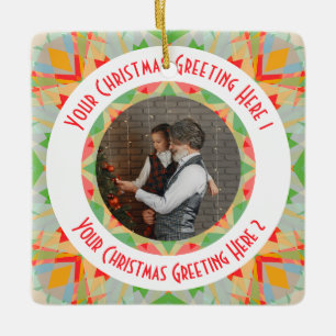 Custom Christmas Star Merry Green Photo Greeting Ceramic Ornament