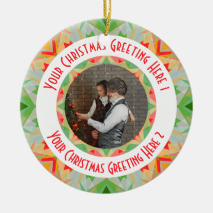 Custom Christmas Star Merry Green Photo Greeting Ceramic Ornament
