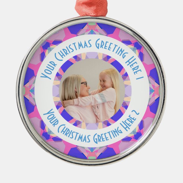 Custom Christmas Star Modern Pink Photo Greeting Metal Ornament (Front)