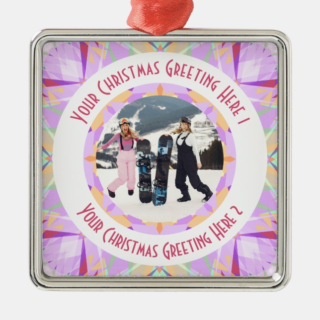 Custom Christmas Star Winter Purple Photo Greeting Metal Ornament (Front)