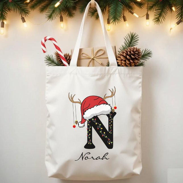 Custom Christmas Tote Bag Gift for Mum or Grandma (holiday tote bag, Santa Claus tote, family monogram tote, Christmas gift bag, custom Christmas tote,)