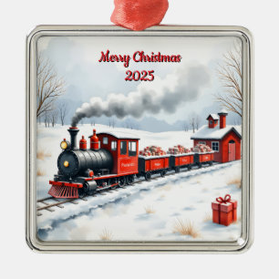 Custom Christmas Train In Snow Metal Ornament