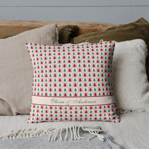 Custom Christmas Tree Burgundy Pine Green Pattern Cushion