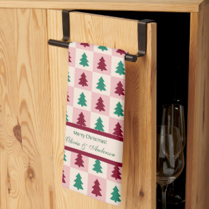Custom Christmas Tree Burgundy Pine Green Pattern Tea Towel