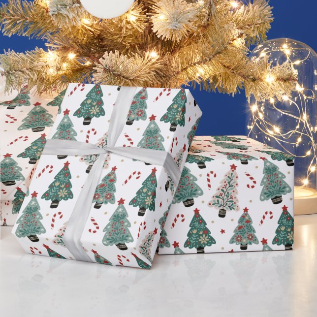 Custom Christmas Tree Candy Canes Blue Red Pattern Wrapping Paper (Holidays)