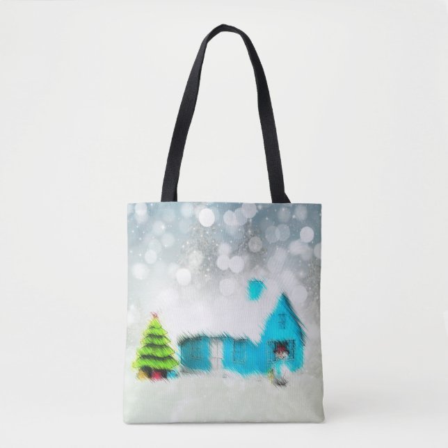 Custom Christmas Tree Snow Man House Tote Bag (Front)