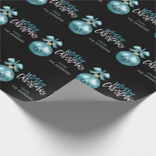 Custom Christmas Turquoise Blue Black Ornament Wrapping Paper (Corner)
